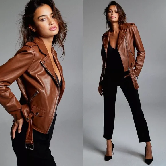Aritzia Wilfred Free The iconic Lennon Brown new Moto Biker Leather Jacket Sz S - Picture 1 of 17